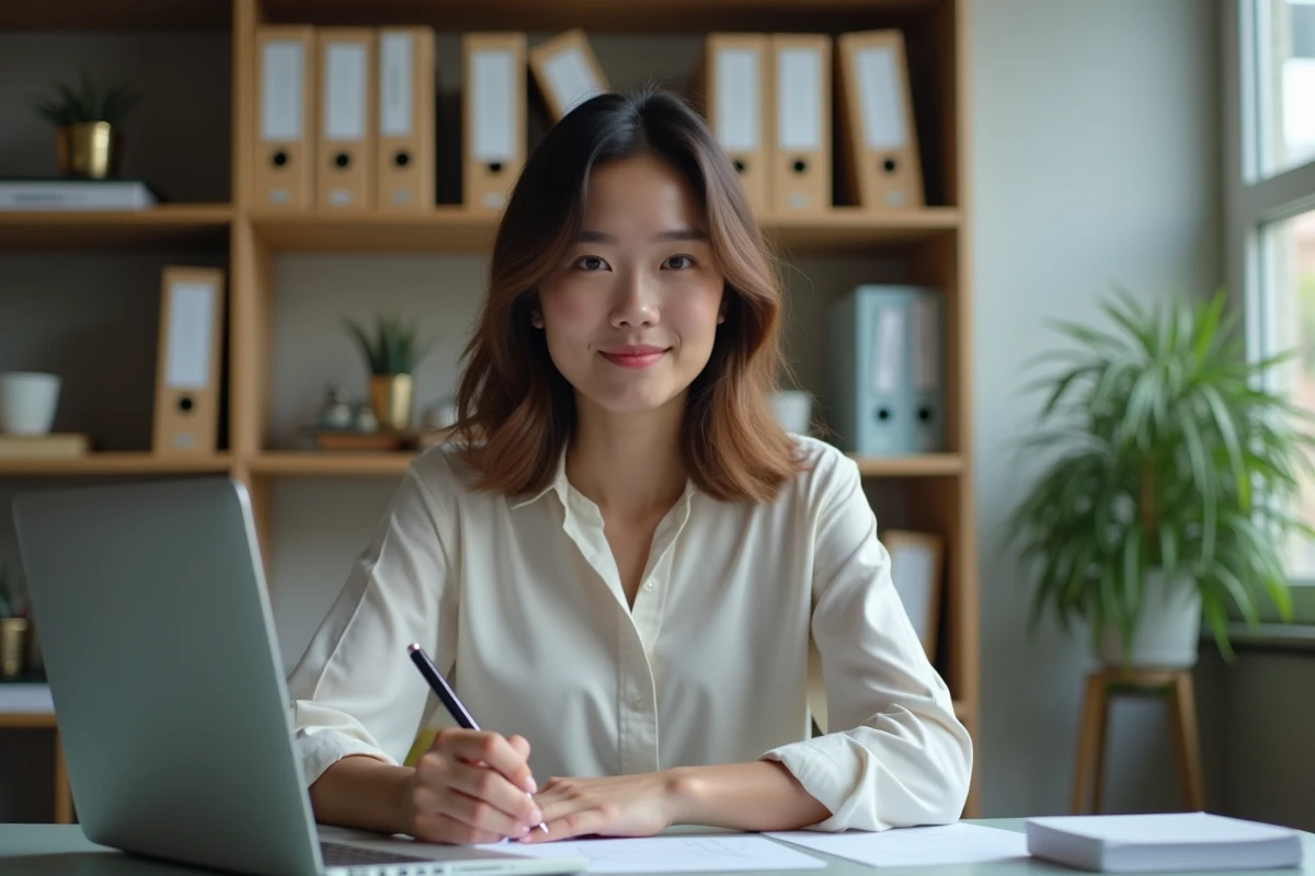 Jeune femme concentrée travaillant à son bureau moderne