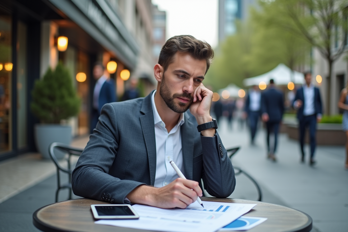 Jeune homme au café analysant un plan stratégique