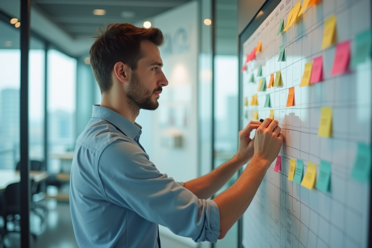 Jeune homme arrangeant des notes sur un calendrier mural