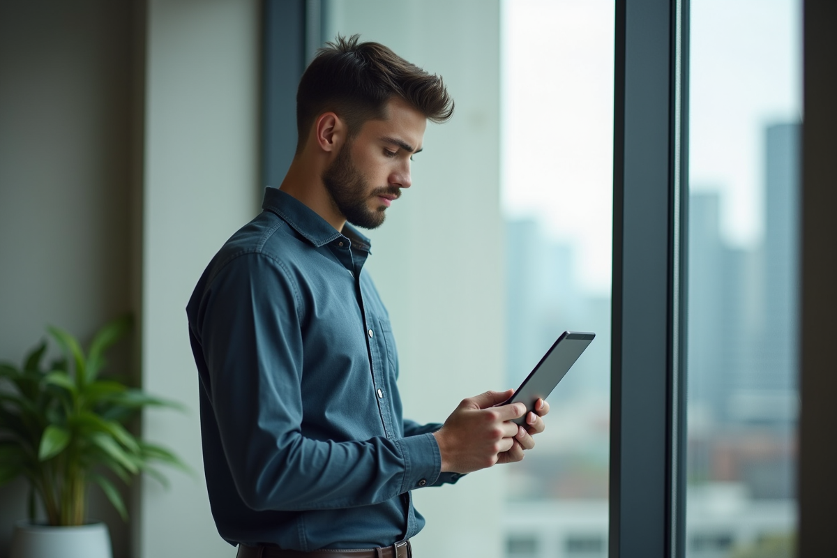 Jeune homme en tenue décontractée utilisant une tablette près d