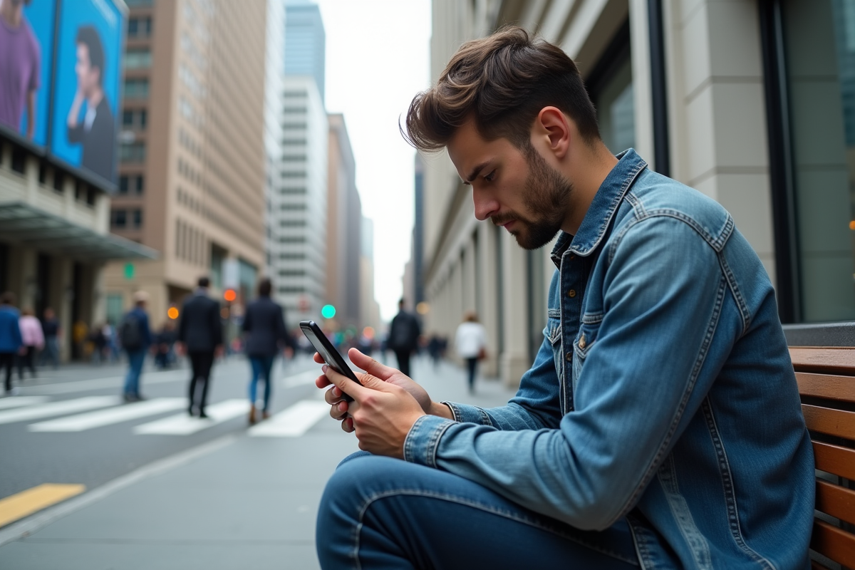 Jeune homme urbain frustré regardant son smartphone