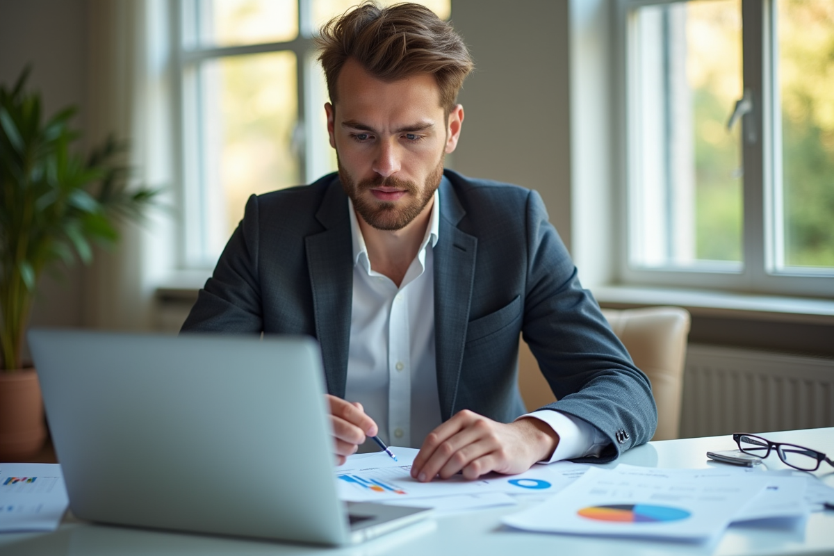 Jeune investisseur analysant des rapports financiers dans un bureau lumineux