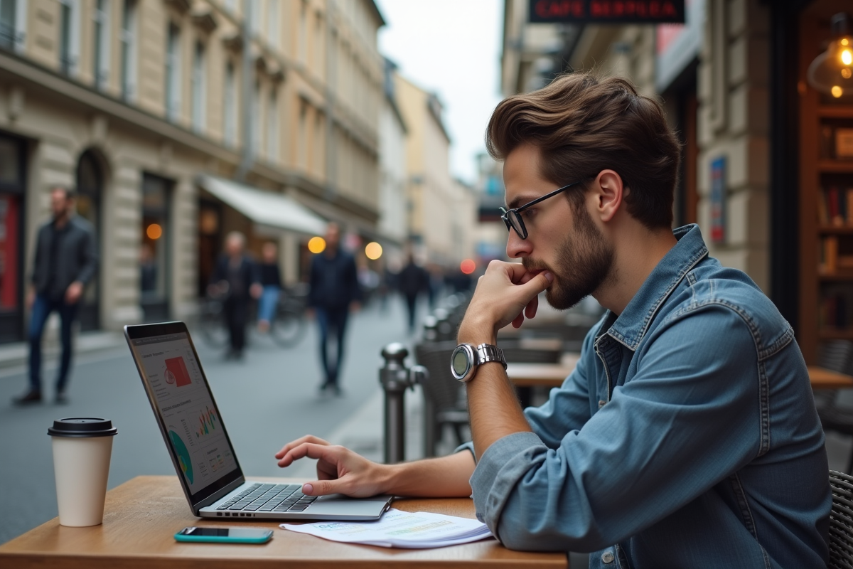 Analyste marketing seul au cafe avec infographies colorées