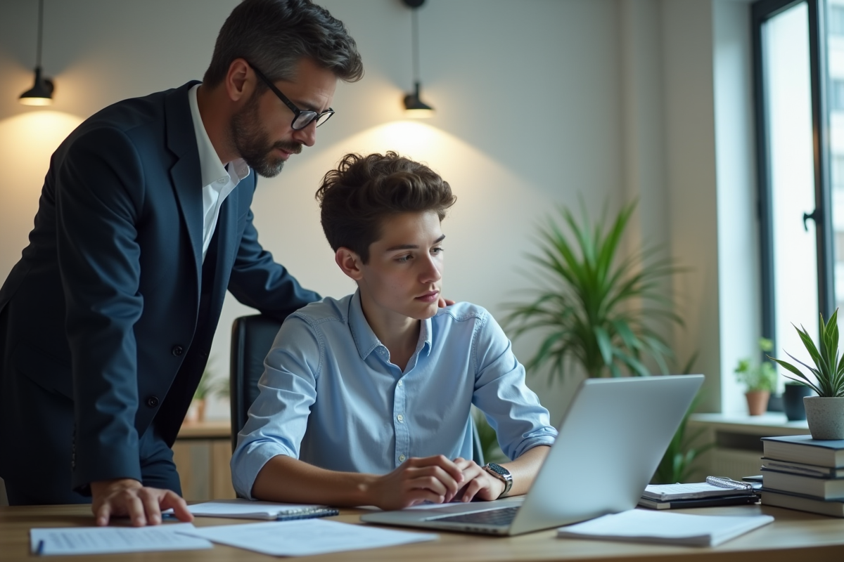 Jeune professionnel au bureau avec un mentor à ses côtés