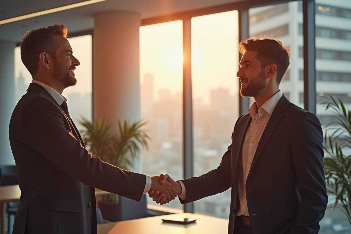 Jeune professionnel serrant la main d'un manager dans un bureau Mazars lumineux
