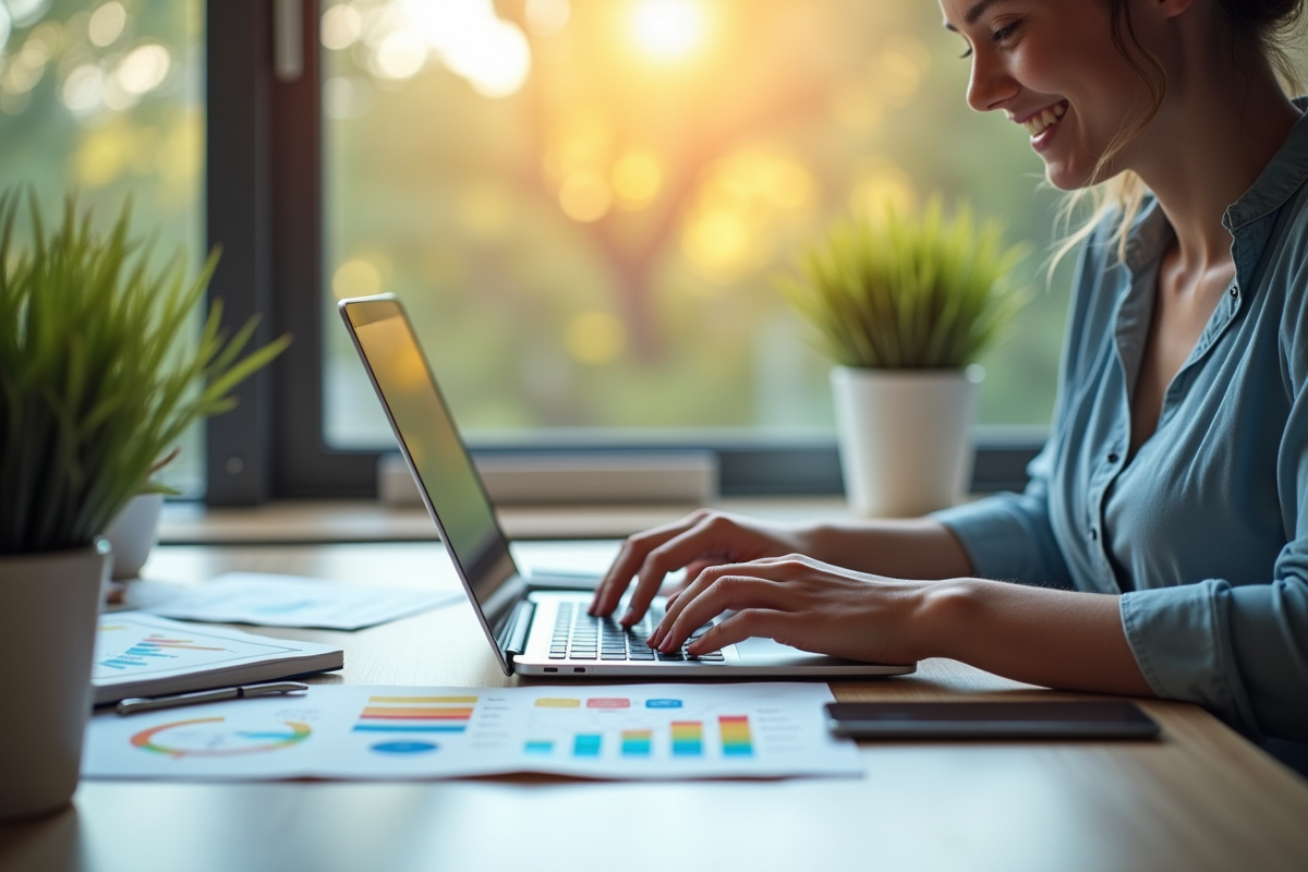 Jeune professionnel travaillant sur un ordinateur portable avec des notes marketing
