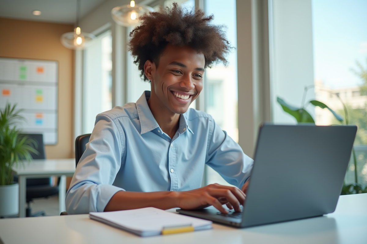 Jeune professionnel souriant tapant sur un ordinateur dans un bureau lumineux