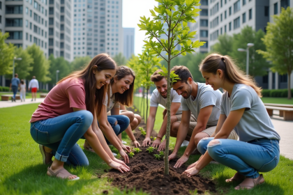 Groupe divers d'adultes plantant des jeunes arbres dans un parc urbain