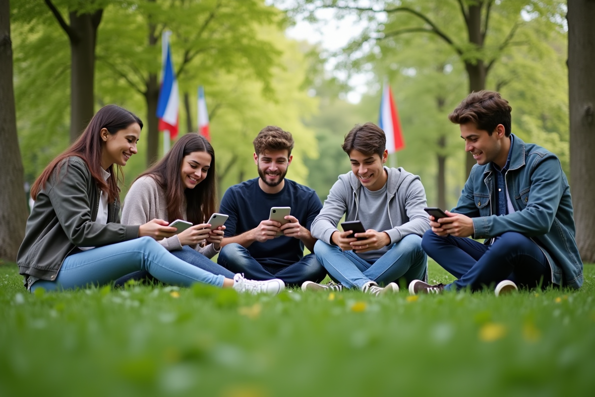 Jeunes dans un parc urbain vert discutant avec appareils numériques et drapeaux français