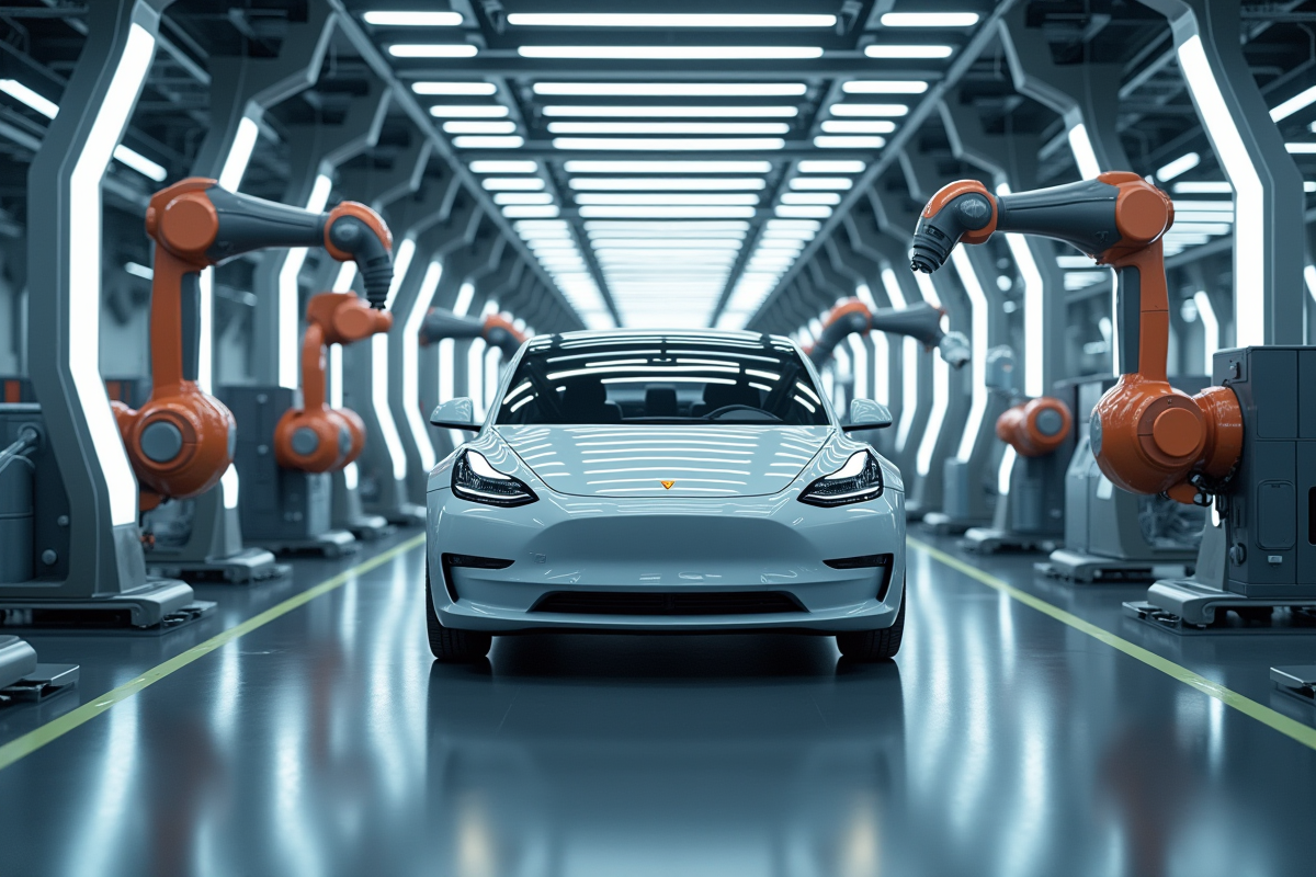 Ligne de production Tesla futuriste avec bras robotiques
