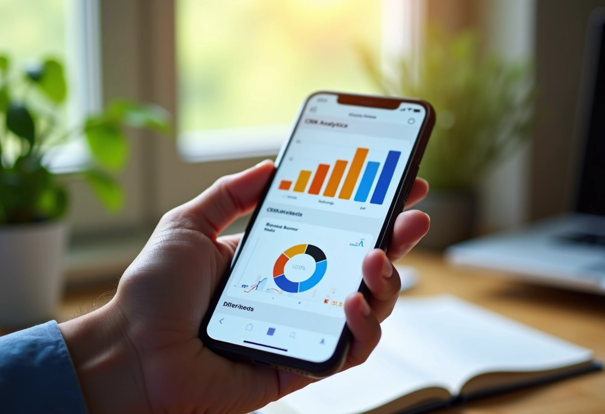 Main tenant un smartphone affichant un tableau de bord CRM
