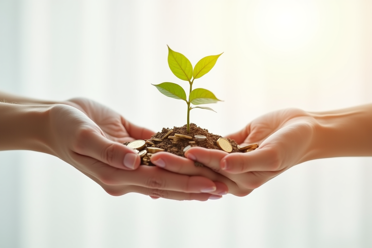 Deux mains échangeant une petite plante sur une pile de pièces