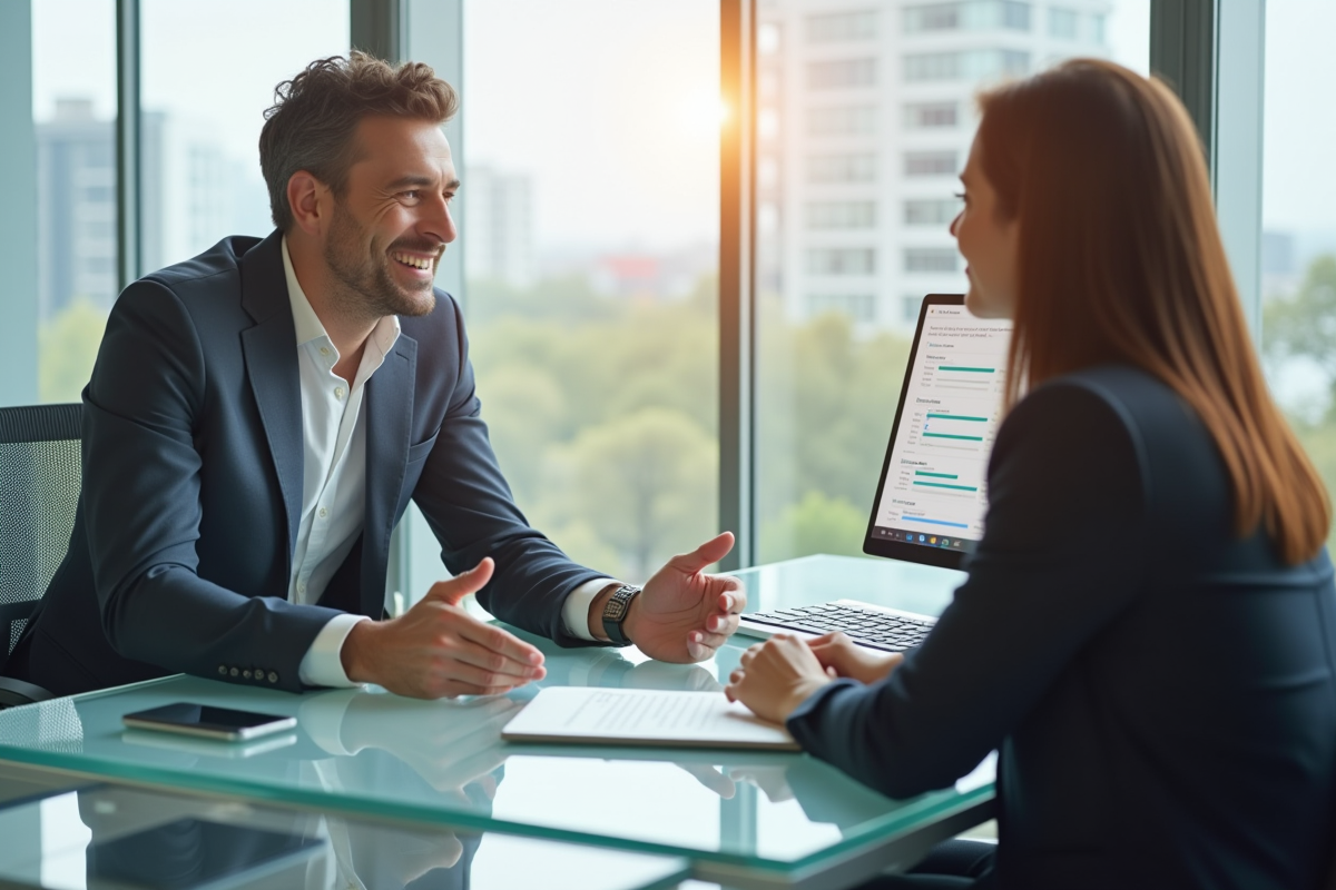 Manager confiant discutant avec un client souriant