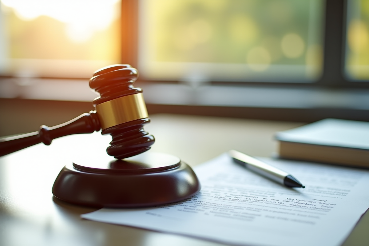 Marteau de justice et documents légaux sur un bureau lumineux