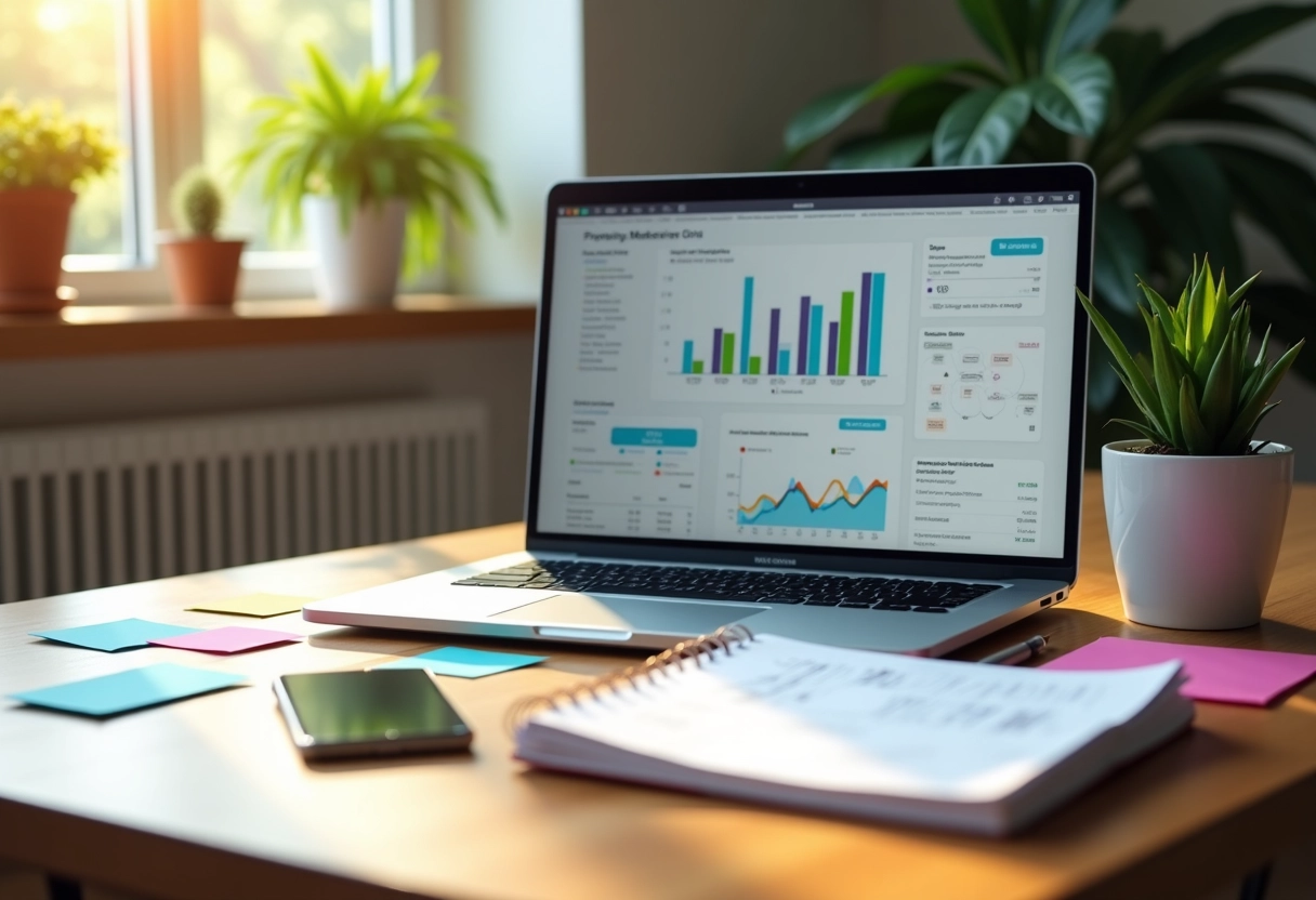 Ordinateur portable avec analyses marketing et notes manuscrites