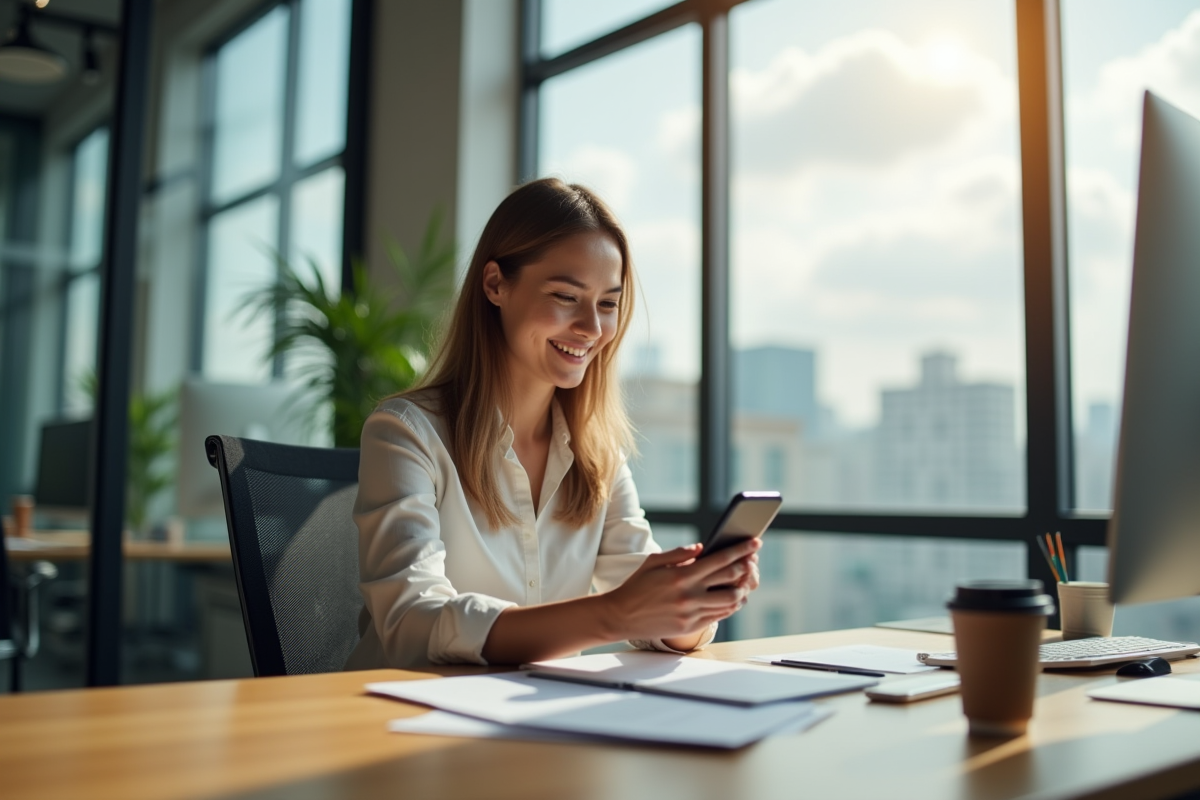 Homme d'affaires souriant envoyant un message sur smartphone dans un bureau moderne