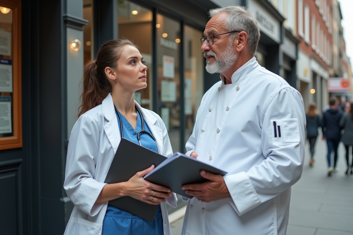 Jeune femme en blouse de travail et homme chef devant agence emploi
