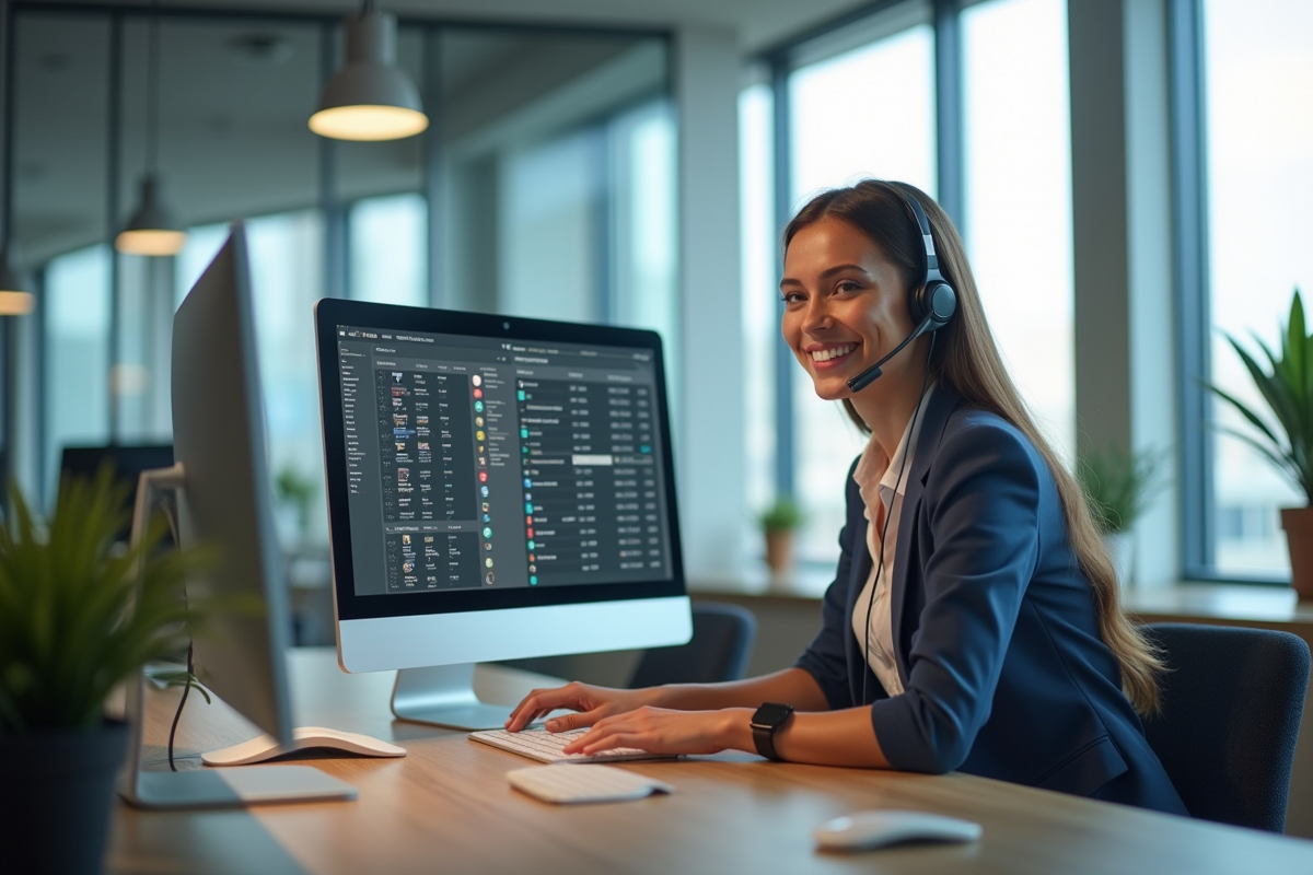 Représentant du service client souriant avec casque et écrans
