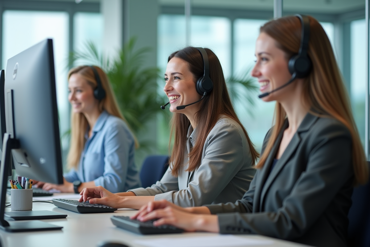 Trois représentants du service client dans un centre d'appel moderne