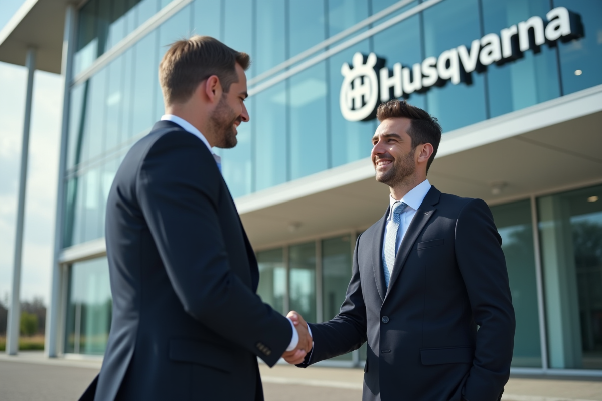 Deux professionnels serrant la main devant un bâtiment moderne Husqvarna