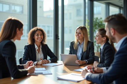 Réunion d'affaires dans un bureau moderne avec une femme en prévention santé