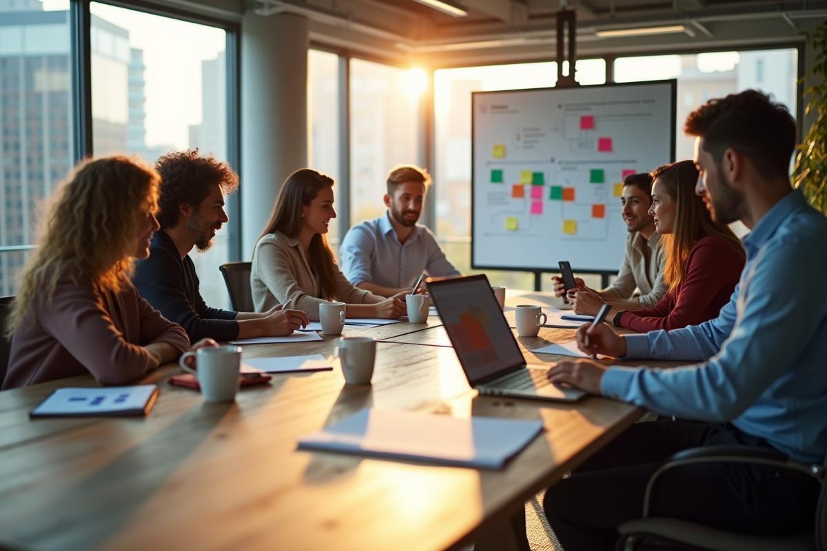 Réunion dans un bureau moderne avec équipe diverse autour d'une table