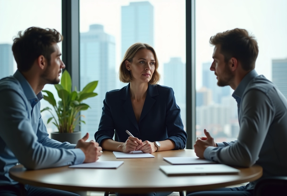 Manager en réunion avec jeunes employés dans une salle lumineuse