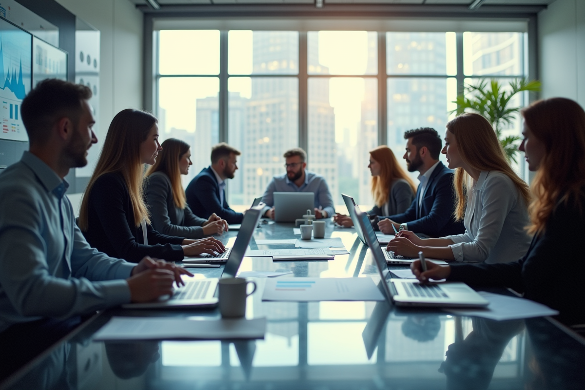 Professionnels en réunion moderne avec documents et ordinateurs