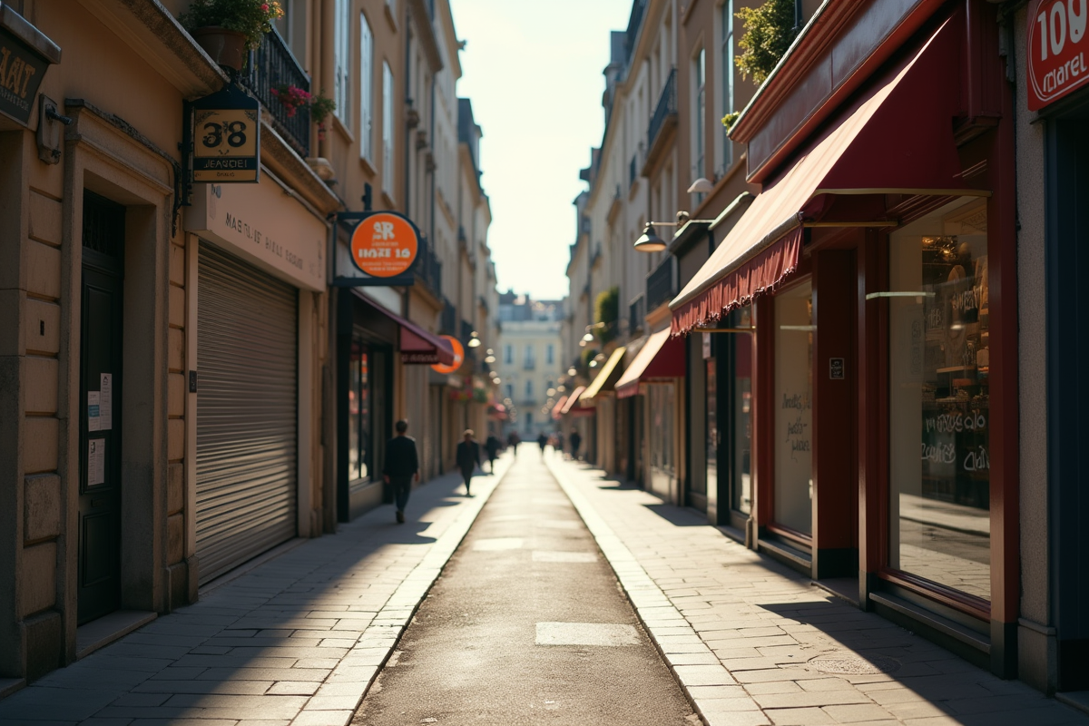 Rue vide en France le 8 mai avec commerces fermés
