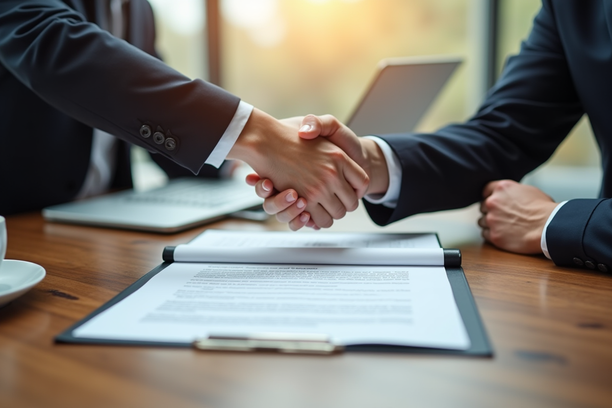 Deux personnes se serrant la main sur un contrat signé dans un cadre professionnel