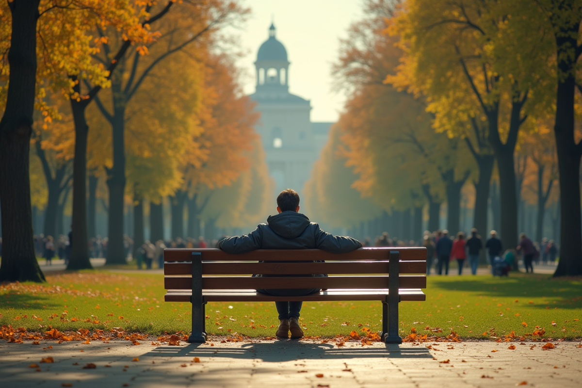 Personne isolée sur un banc dans un parc urbain animé
