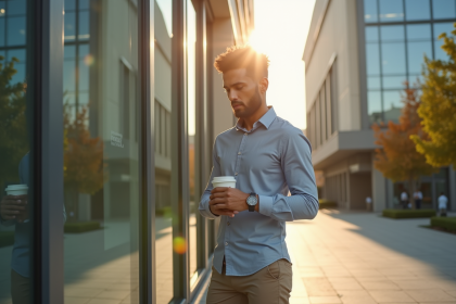 Employé sortant du bureau ensoleillé avec café et montre