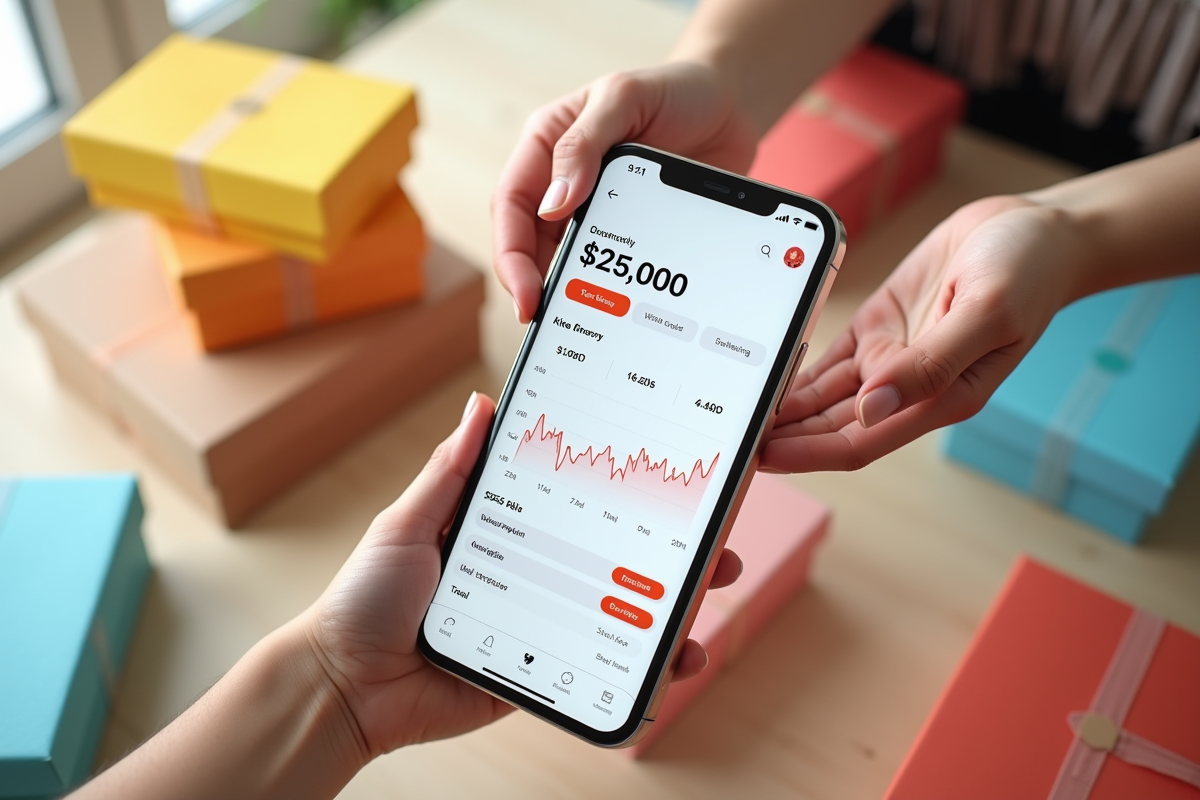 Ecran de téléphone montrant le tableau de bord Etsy avec des colis colorés