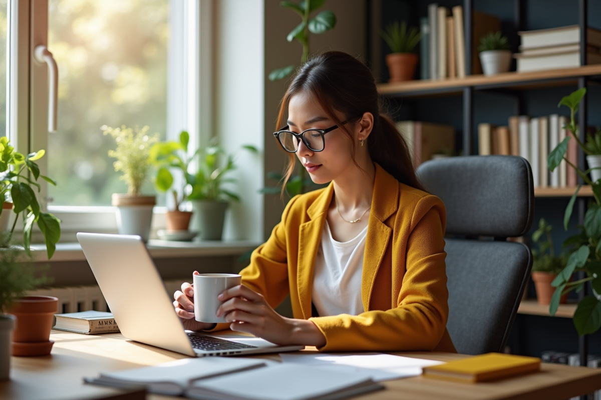 Jeune professionnel travaillant à domicile dans un bureau lumineux