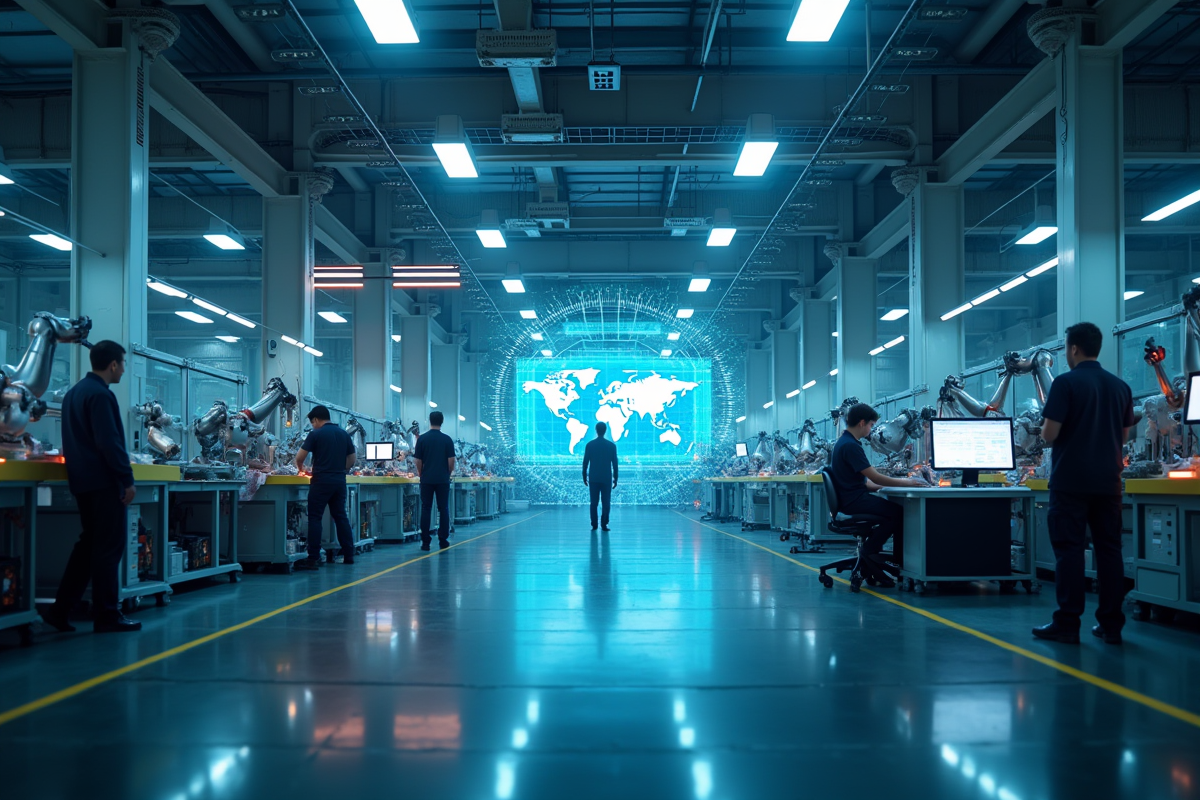Usine futuriste avec robots et écrans holographiques