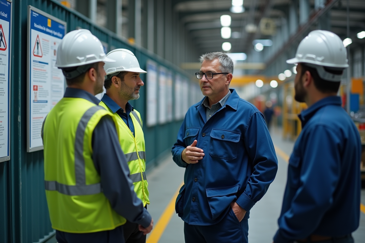 Gestionnaire de sécurité santé avec employés dans une usine lumineuse