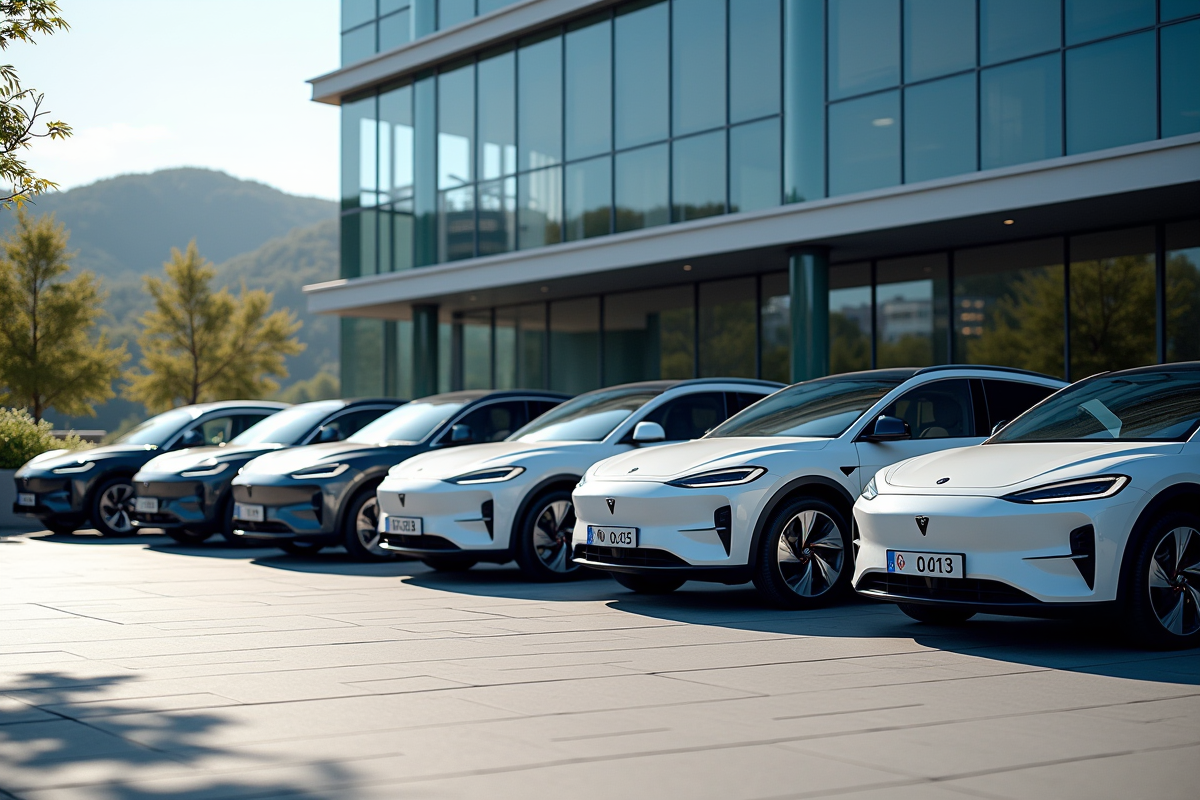Groupe de voitures électriques modernes devant un bâtiment contemporain